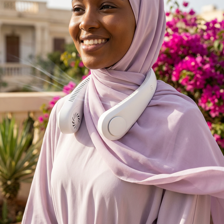 Femme voilée souriante sur une terrasse à Dakar, ventilateur de cou blanc autour du cou