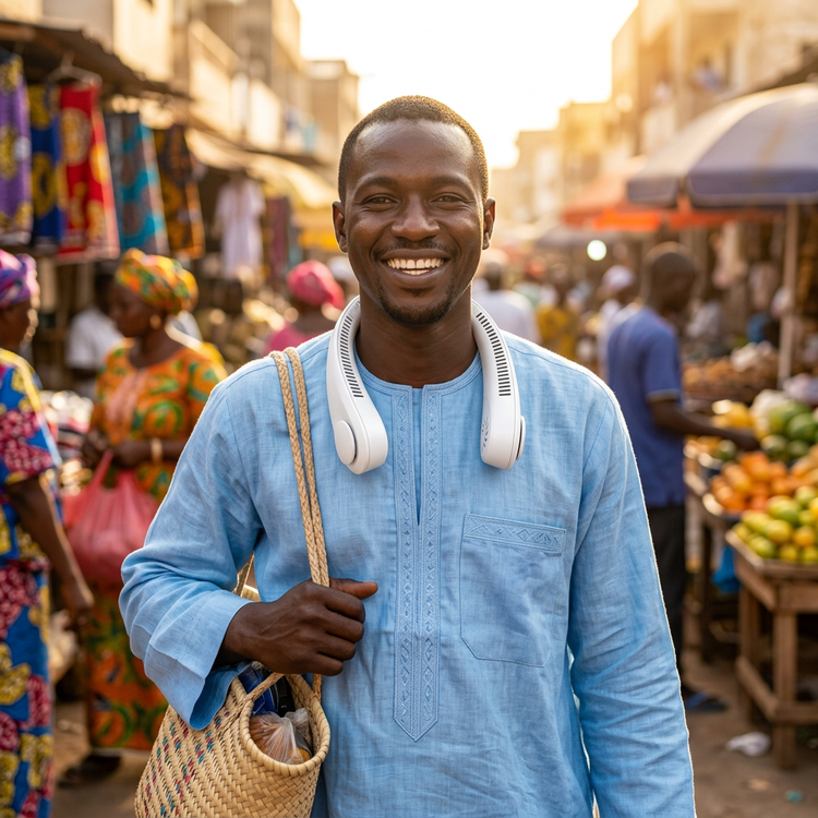 Homme en boubou au marché de Dakar, ventilateur de cou autour du cou, les mains libres